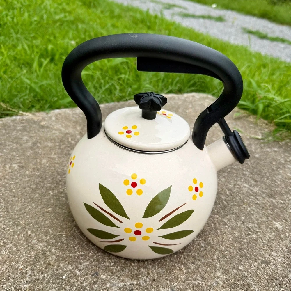 Temp-tations by Tara Old World Floral Enamel‎ Whistling Tea Kettle Cream 2qt